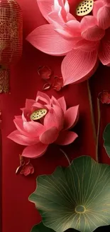 Elegant lotus flowers and lantern on a red background.