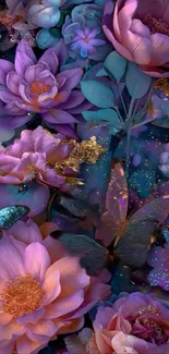 Vibrant purple floral wallpaper with butterflies.