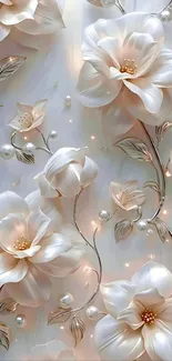 Elegant floral wallpaper with white flowers and pearls.