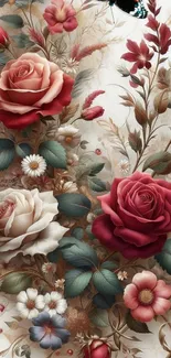 Elegant floral wallpaper with roses and daisies.