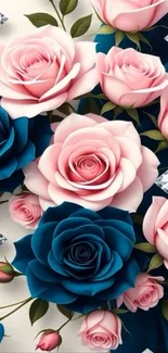 Beautiful blue and pink rose wallpaper with diamonds.
