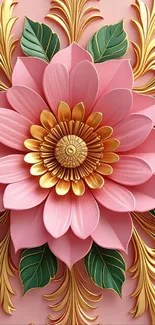 Elegant floral wallpaper with pink and gold design.