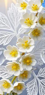 Elegant white and yellow floral wallpaper with lace and blue accents.