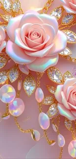 Elegant pink roses with gold accents on mobile wallpaper.