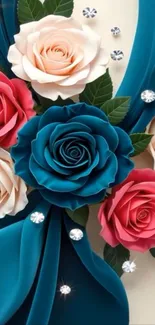 Elegant floral wallpaper with vibrant roses and teal accents.