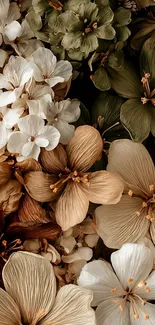 Elegant floral mobile wallpaper with beige and cream blossoms.