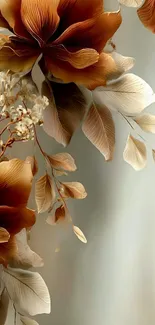 Elegant wallpaper with brown flowers and leaves.