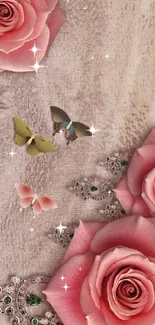 Mobile wallpaper with pink roses and butterflies on a vintage-style background.