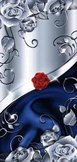 Elegant floral wallpaper with silver and blue tones and a red rose accent.