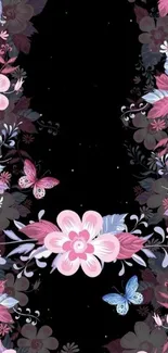 Elegant floral wallpaper with butterflies on a black background.