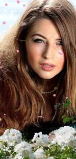 Woman with long hair among white flowers in a nature setting.