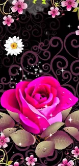 Elegant floral wallpaper with pink roses and intricate design.