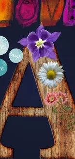 Wooden letter A with flowers and ornaments on navy background.