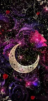 Intricate moon with purple roses wallpaper.