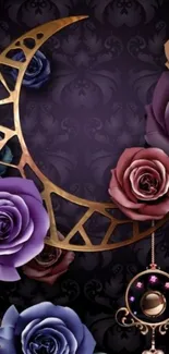 Elegant wallpaper with a crescent moon and roses on a dark background.