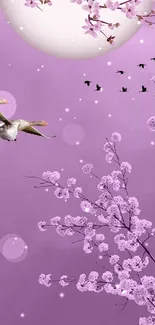 Purple wallpaper with cherry blossoms, birds, and a bright full moon.