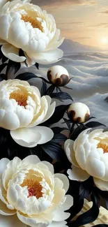 Elegant mountain sunrise with blooming peonies