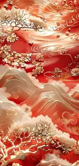 Elegant red floral mountain mobile wallpaper design.