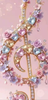 Floral treble clef with gemstones on pink background.