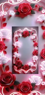 Red and white roses with neon frames, artistic mobile wallpaper.