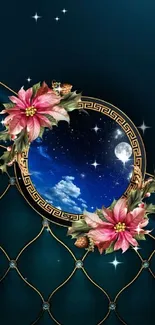 Elegant floral wallpaper with night sky and moon.