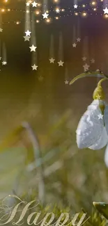 Mobile wallpaper with white flowers and glowing stars on olive green background.