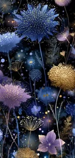 Elegant floral night wallpaper with blue and gold blossoms.