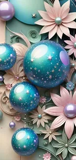 Elegant wallpaper with blue orbs and pink flowers creating a sophisticated floral design.