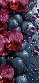 Purple orchids and grapes with dew drops.