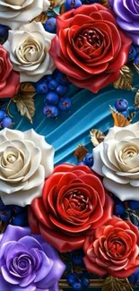 Floral wallpaper with roses in red, white, and purple tones.