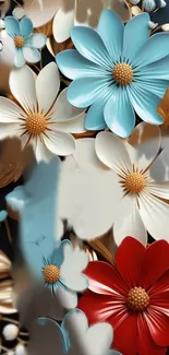 Elegant floral wallpaper with blue, red, and beige flowers.