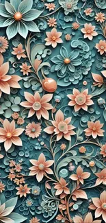 Elegant teal and peach floral wallpaper with intricate designs.