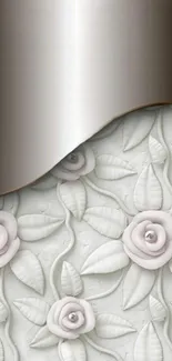 Elegant phone wallpaper with white roses and metallic texture.