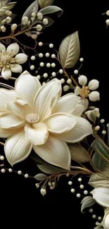 Elegant cream floral design on black background wallpaper.