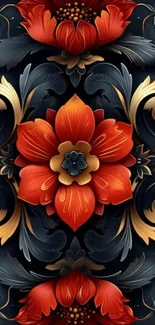 Ornate floral wallpaper with red flowers and gold accents.