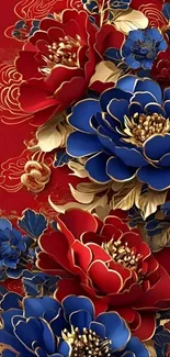 Floral wallpaper with red and blue flowers on a textured background.