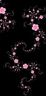 Elegant floral wallpaper with pink flowers on a black background.