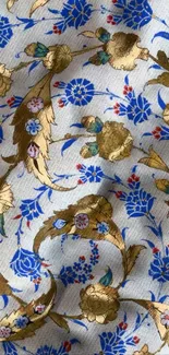 Elegant floral wallpaper with gold and blue accents