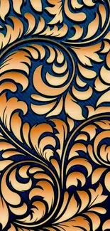 Elegant golden floral pattern on dark blue background.