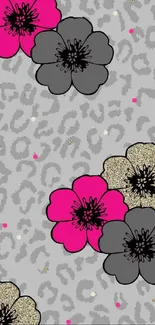 Elegant floral pattern with pink, grey, and gold flowers on a grey background.