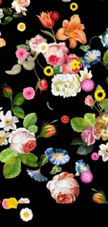 Elegant floral pattern with colorful blooms on a black background for mobile wallpaper.