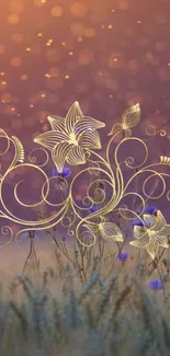 Elegant floral wallpaper with golden flowers on a purple sunset background.