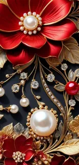 Elegant design of red flowers and pearls on a textured background.