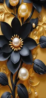 Elegant black flowers with pearls on golden background.