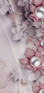 Elegant floral wallpaper with pearls and butterflies in pastel pink tones.