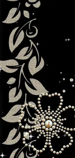 Elegant black wallpaper with floral pearl design.