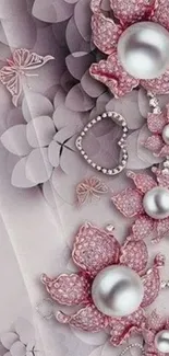 Elegant floral wallpaper with pearls and pink hues.