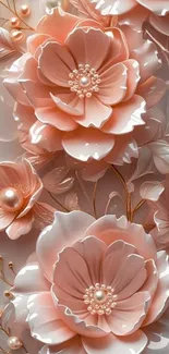 Elegant floral wallpaper with pearls and soft hues.