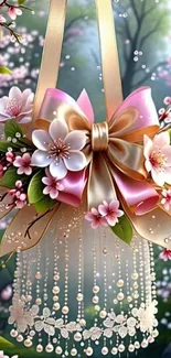 Elegant floral pendant with cherry blossoms and ribbons.