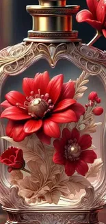 Ornately designed perfume bottle with red flowers.